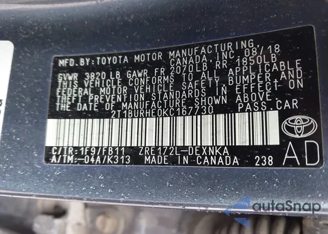 2019 Toyota Corolla Le из США, поврежденный, VIN 2T1BURHE0KC167730